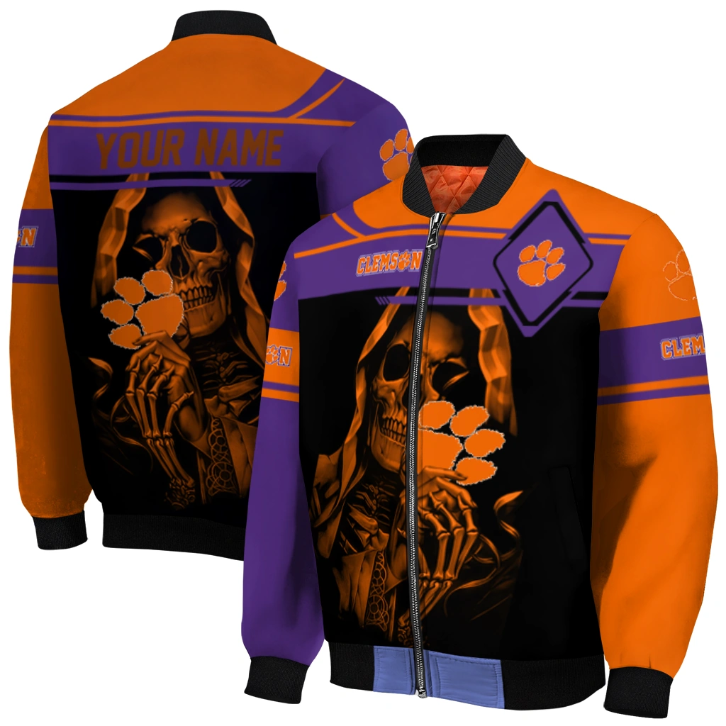 customized clemson tigers reaper hands orange black bomber jacket best selling customized clemson tigers reaper hands orange black bomber jacket best selling