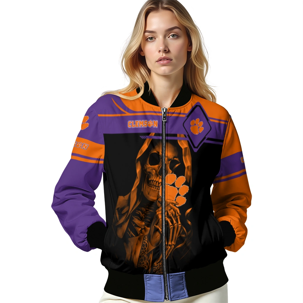 customized clemson tigers reaper hands orange black bomber jacket latest model customized clemson tigers reaper hands orange black bomber jacket latest model