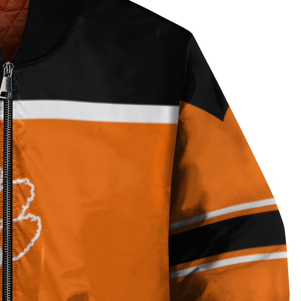 customized clemson tigers stripe statement orange black bomber jacket premium grade customized clemson tigers stripe statement orange black bomber jacket premium grade