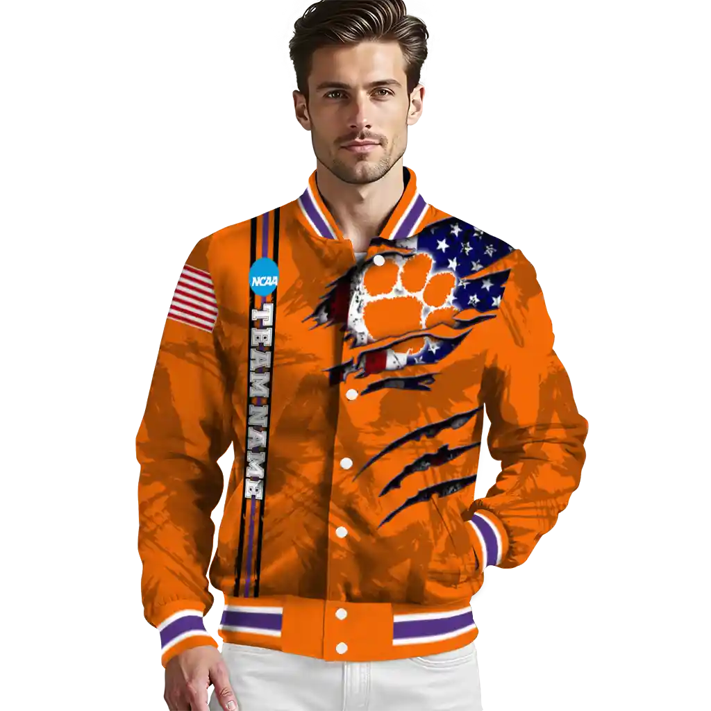 customized clemson tigers usa flag claws orange varsity jacket high quality customized clemson tigers usa flag claws orange varsity jacket high quality