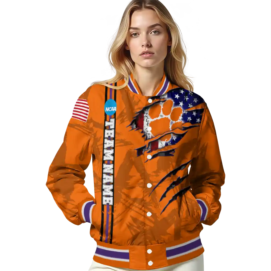 customized clemson tigers usa flag claws orange varsity jacket latest model customized clemson tigers usa flag claws orange varsity jacket latest model