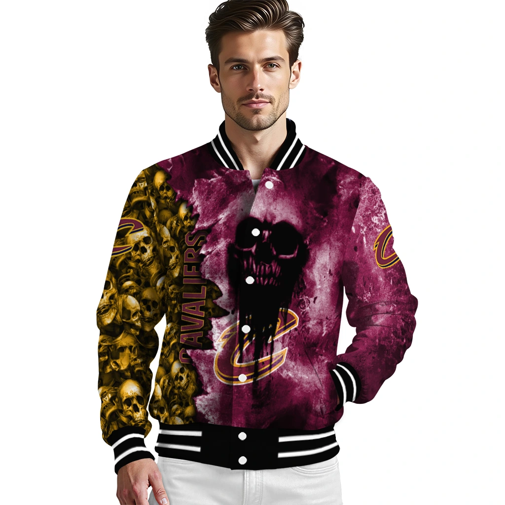 customized cleveland cavaliers skull cluster wine varsity jacket high quality customized cleveland cavaliers skull cluster wine varsity jacket high quality