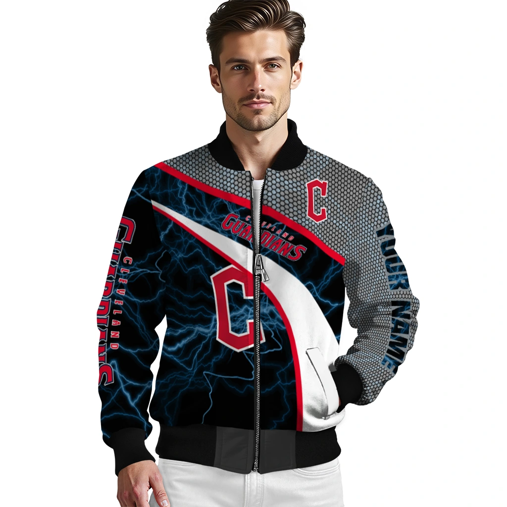 customized cleveland guardians electric flash navy blue bomber jacket high quality customized cleveland guardians electric flash navy blue bomber jacket high quality