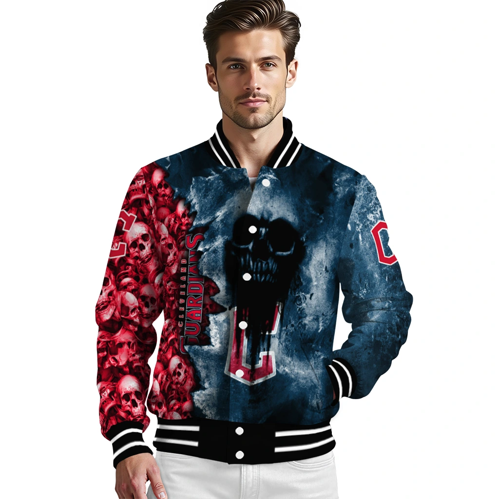 customized cleveland guardians skull cluster navy blue varsity jacket high quality customized cleveland guardians skull cluster navy blue varsity jacket high quality