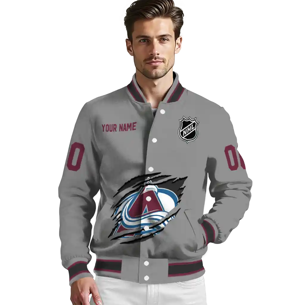 customized colorado avalanche claw streak grey varsity jacket high quality customized colorado avalanche claw streak grey varsity jacket high quality