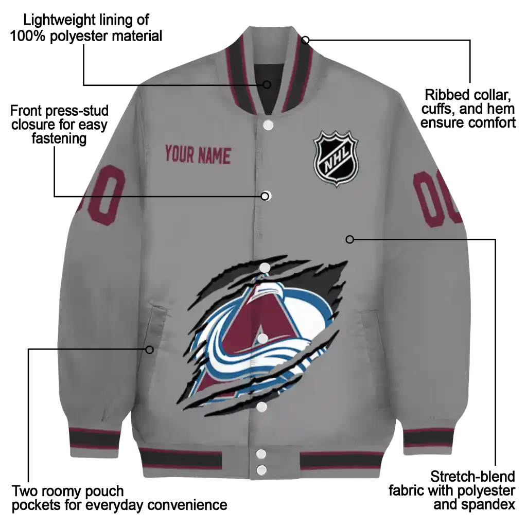 customized colorado avalanche claw streak grey varsity jacket new arrival customized colorado avalanche claw streak grey varsity jacket new arrival