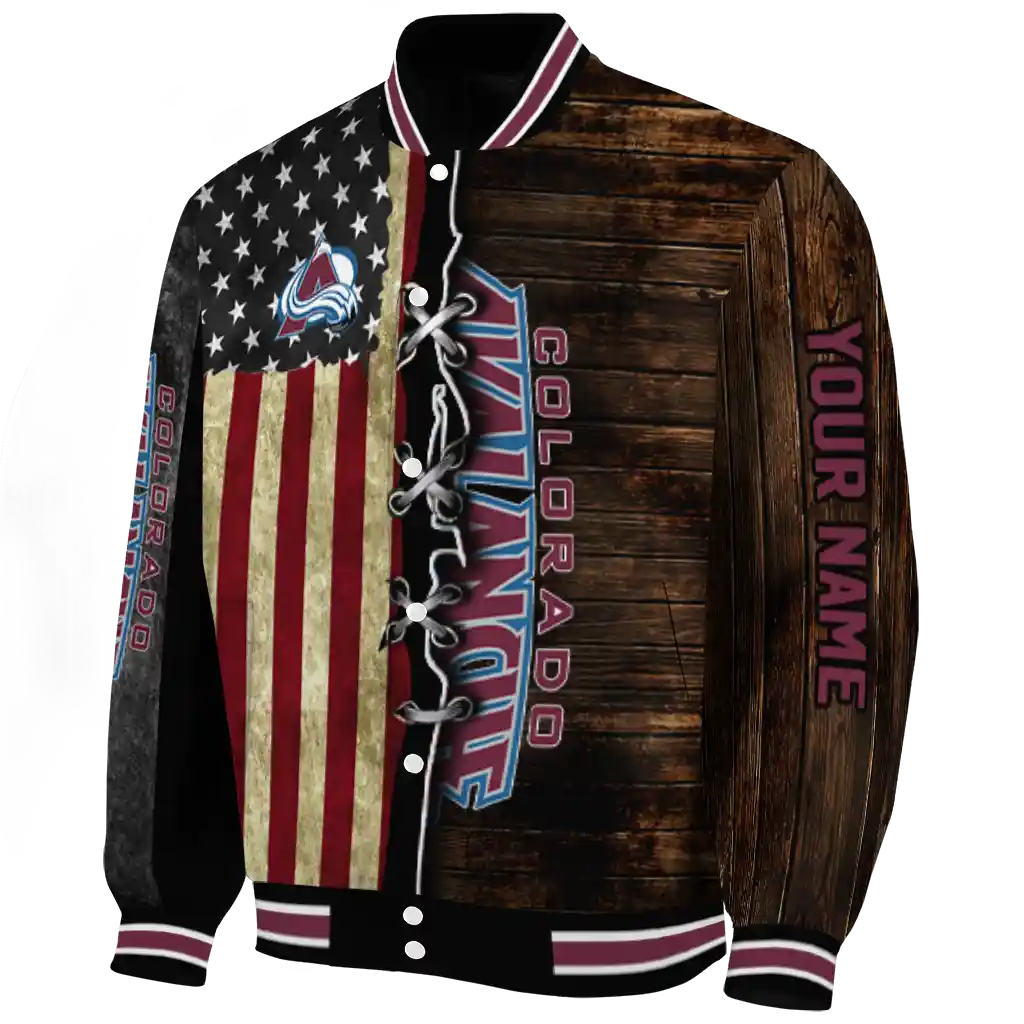 customized colorado avalanche flag wood brown varsity jacket best selling customized colorado avalanche flag wood brown varsity jacket best selling