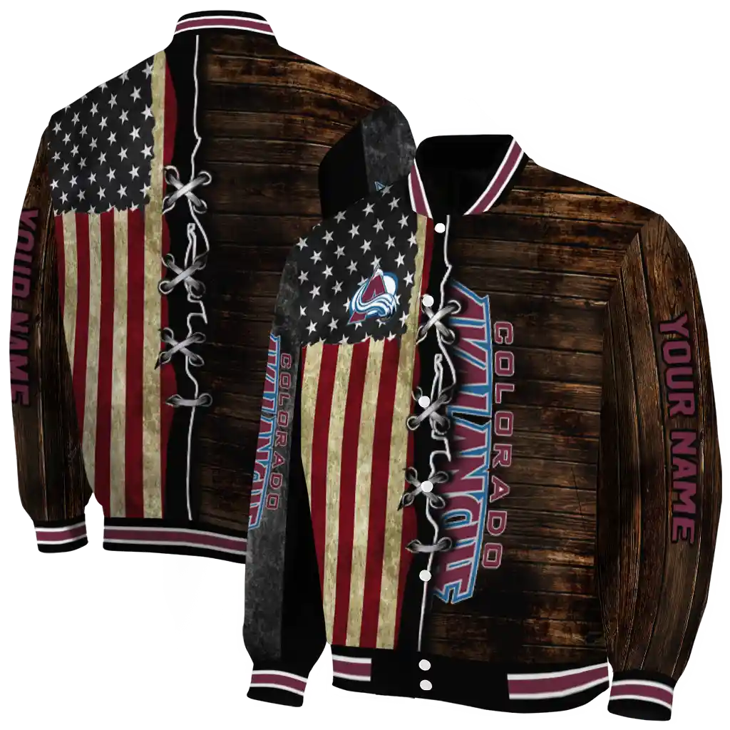 customized colorado avalanche flag wood brown varsity jacket fashion forward customized colorado avalanche flag wood brown varsity jacket fashion forward