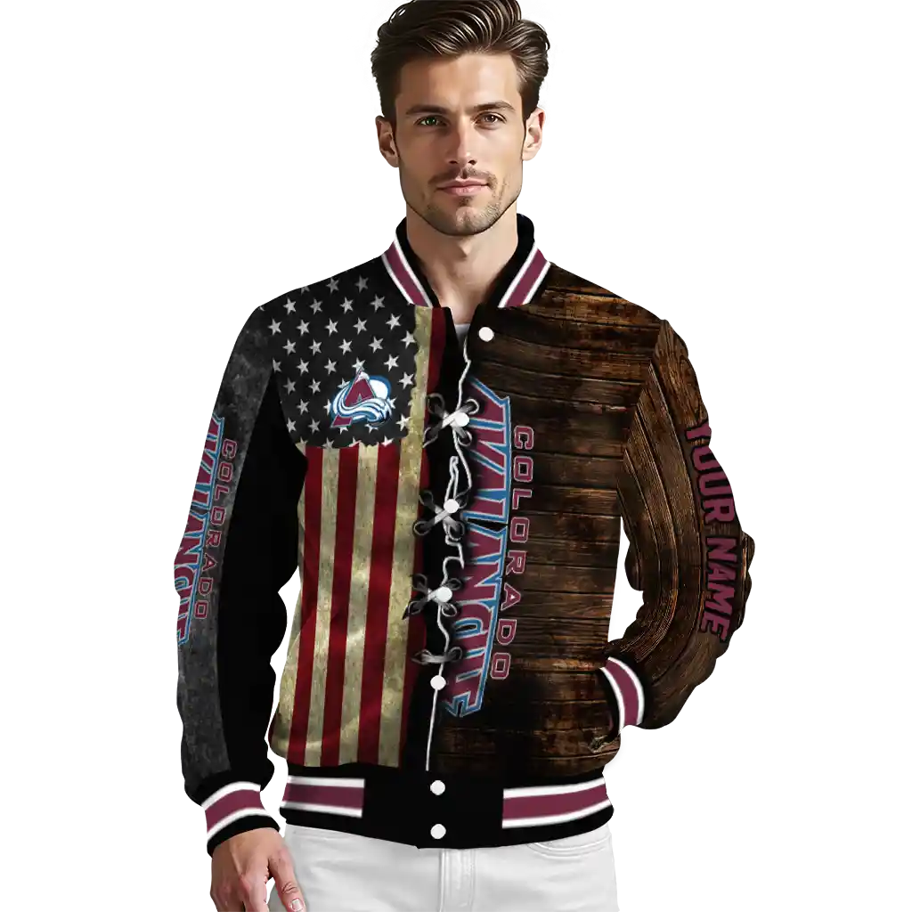 customized colorado avalanche flag wood brown varsity jacket high quality customized colorado avalanche flag wood brown varsity jacket high quality