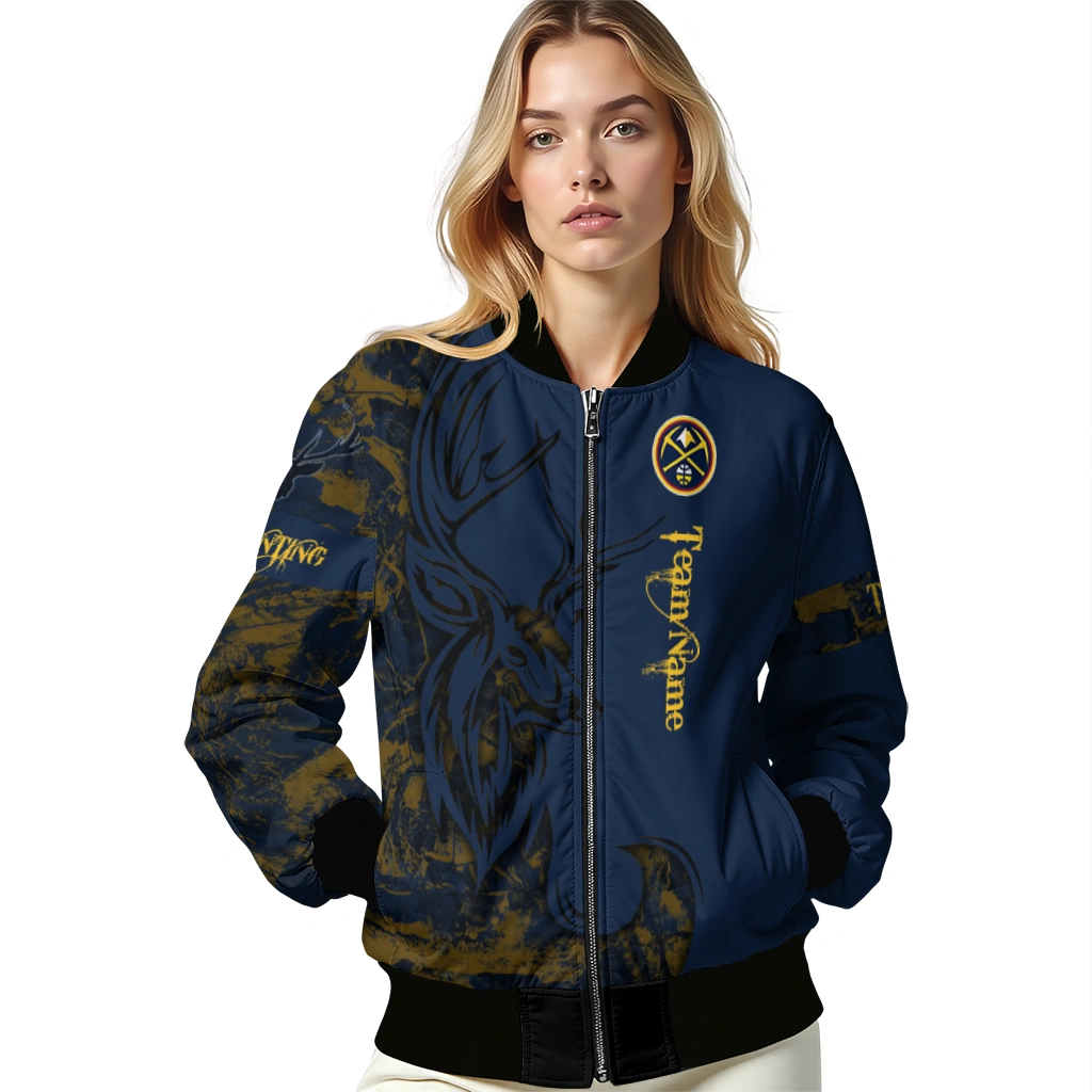customized denver nuggets tribal deer art blue bomber jacket latest model customized denver nuggets tribal deer art blue bomber jacket latest model