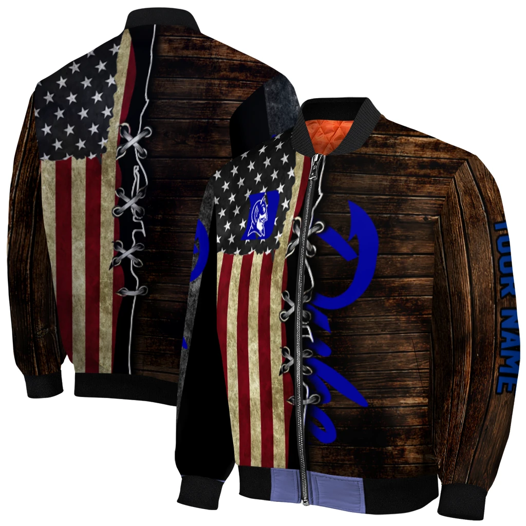 customized duke blue devils flag wood brown bomber jacket best selling customized duke blue devils flag wood brown bomber jacket best selling