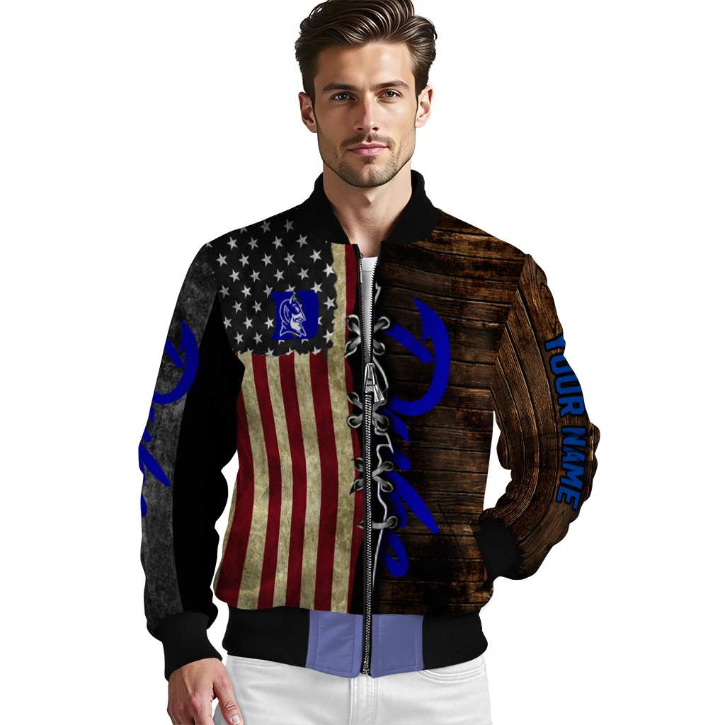 customized duke blue devils flag wood brown bomber jacket high quality customized duke blue devils flag wood brown bomber jacket high quality