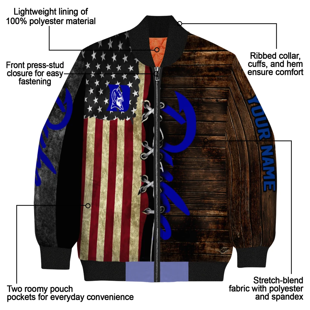 customized duke blue devils flag wood brown bomber jacket new arrival customized duke blue devils flag wood brown bomber jacket new arrival