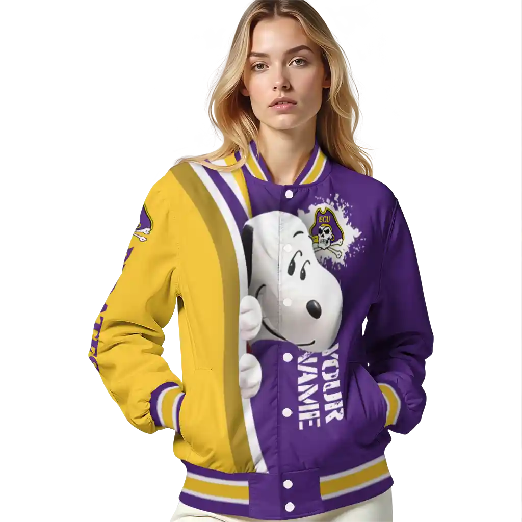 customized east carolina pirates snoopy head purple varsity jacket latest model customized east carolina pirates snoopy head purple varsity jacket latest model