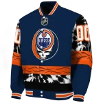 customized edmonton oilers skull stripe blue black varsity jacket best selling