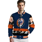 customized edmonton oilers skull stripe blue black varsity jacket best selling