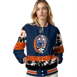 customized edmonton oilers skull stripe blue black varsity jacket best selling