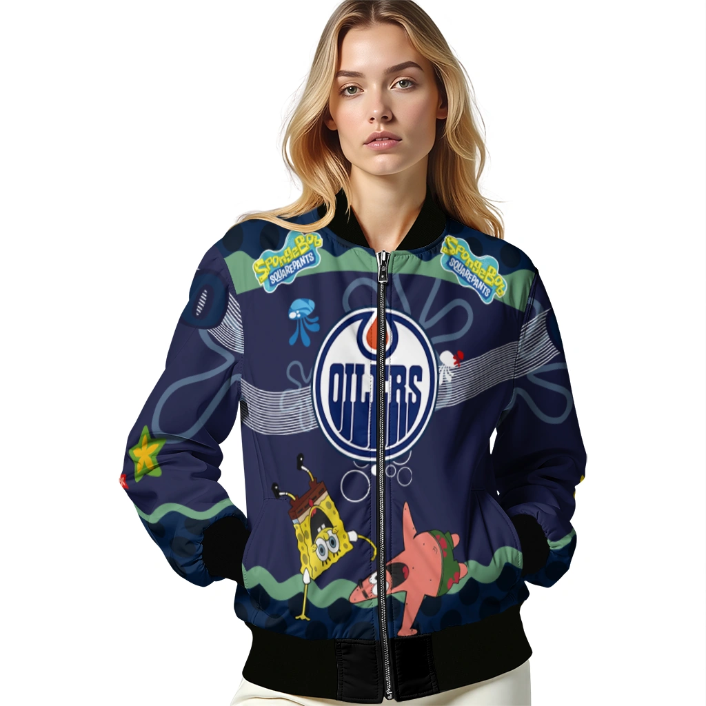 customized edmonton oilers spongebob playtime blue bomber jacket latest model customized edmonton oilers spongebob playtime blue bomber jacket latest model