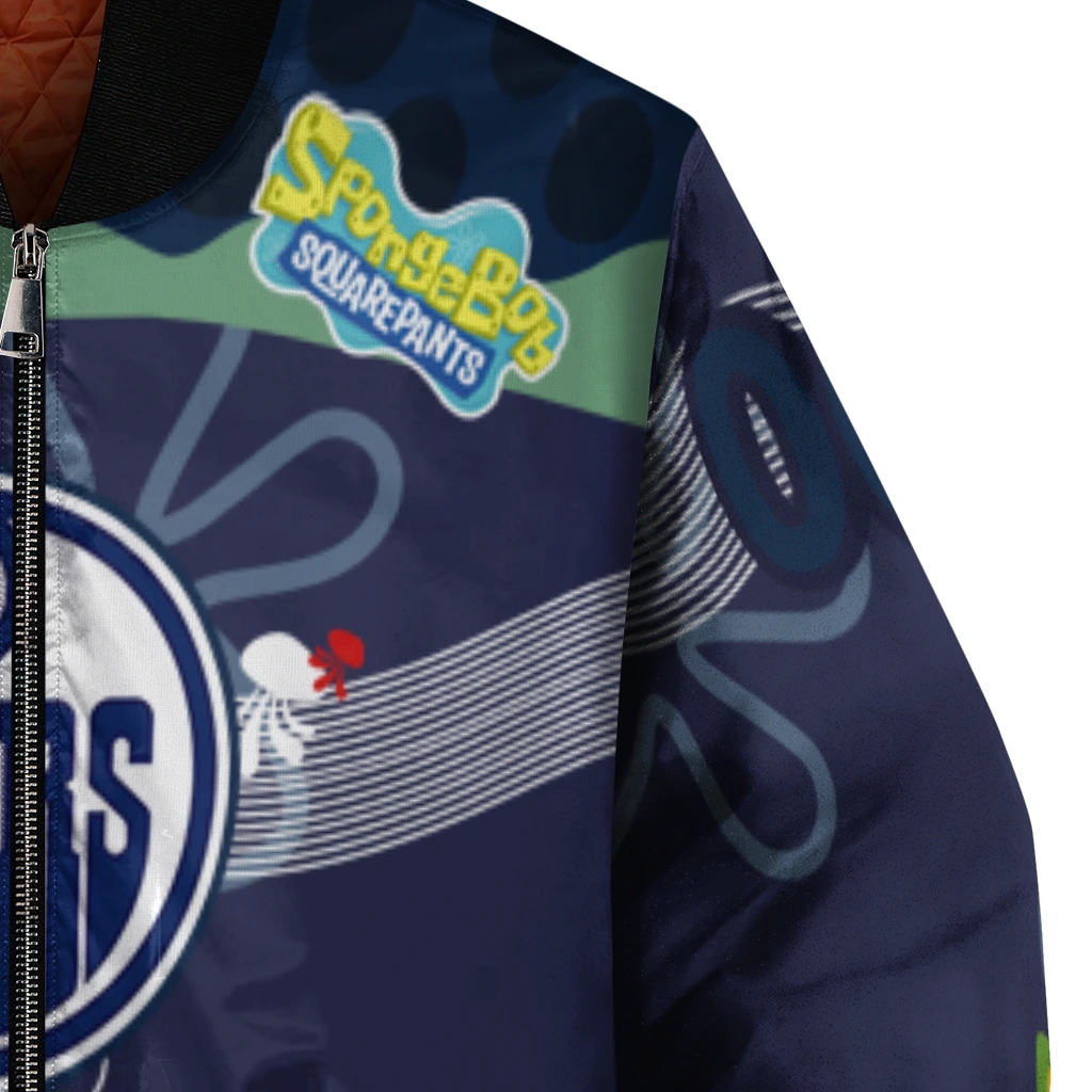 customized edmonton oilers spongebob playtime blue bomber jacket premium grade customized edmonton oilers spongebob playtime blue bomber jacket premium grade