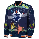 customized edmonton oilers spongebob playtime blue varsity jacket best selling