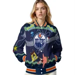 customized edmonton oilers spongebob playtime blue varsity jacket best selling