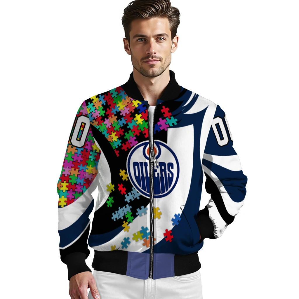 customized edmonton oilers stars and stripes slashes blue bomber jacket high quality customized edmonton oilers stars and stripes slashes blue bomber jacket high quality
