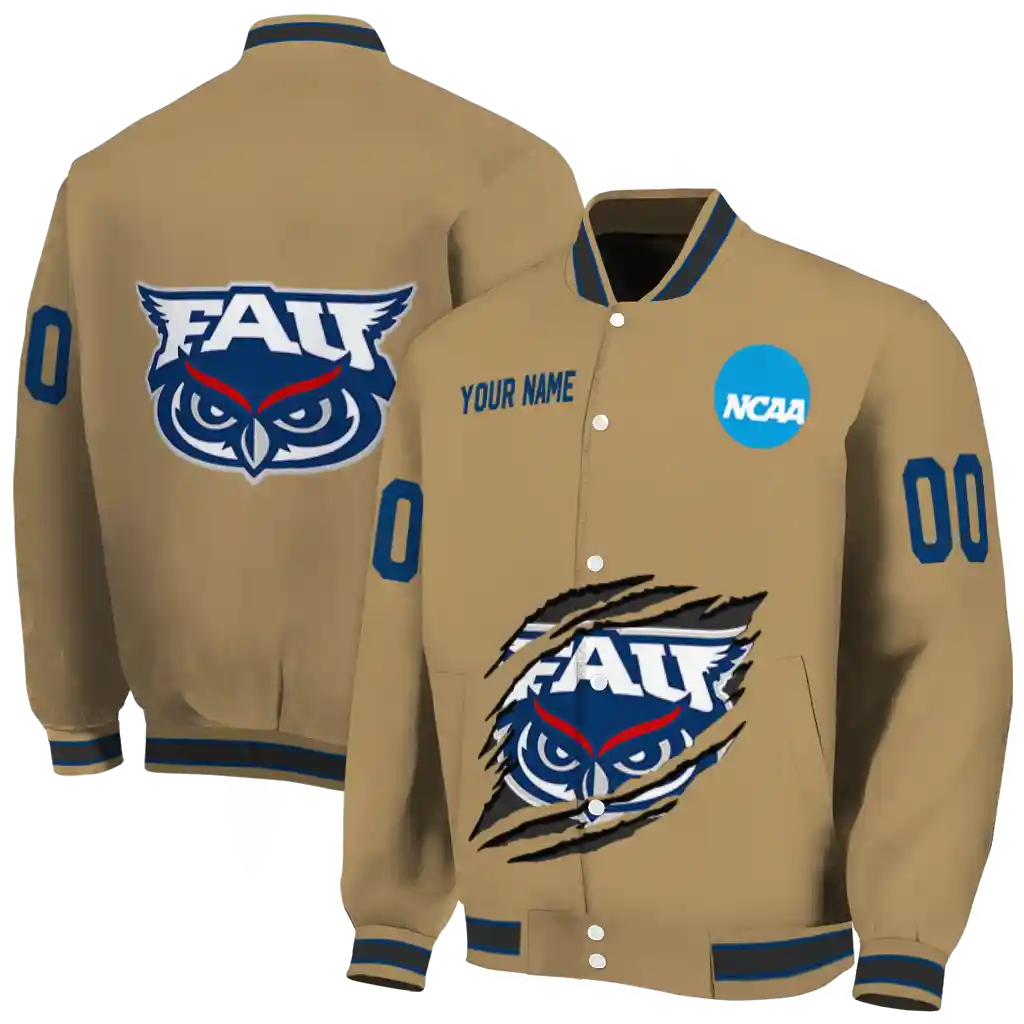 customized florida atlantic owls claw effect beige varsity jacket fashion forward customized florida atlantic owls claw effect beige varsity jacket fashion forward