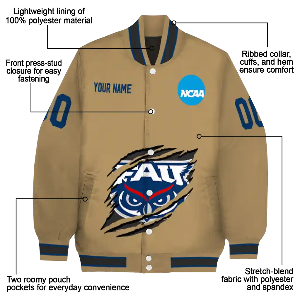 customized florida atlantic owls claw effect beige varsity jacket new arrival customized florida atlantic owls claw effect beige varsity jacket new arrival