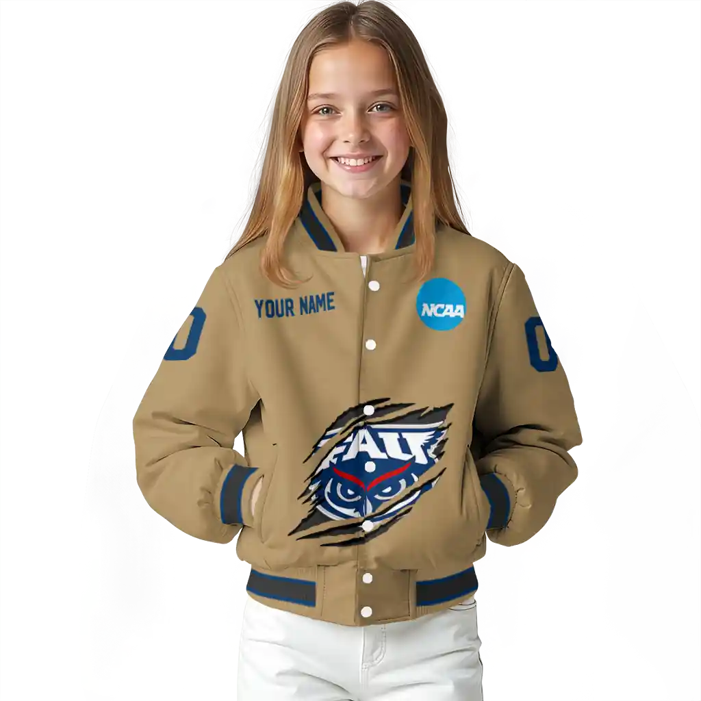 customized florida atlantic owls claw effect beige varsity jacket top rated customized florida atlantic owls claw effect beige varsity jacket top rated