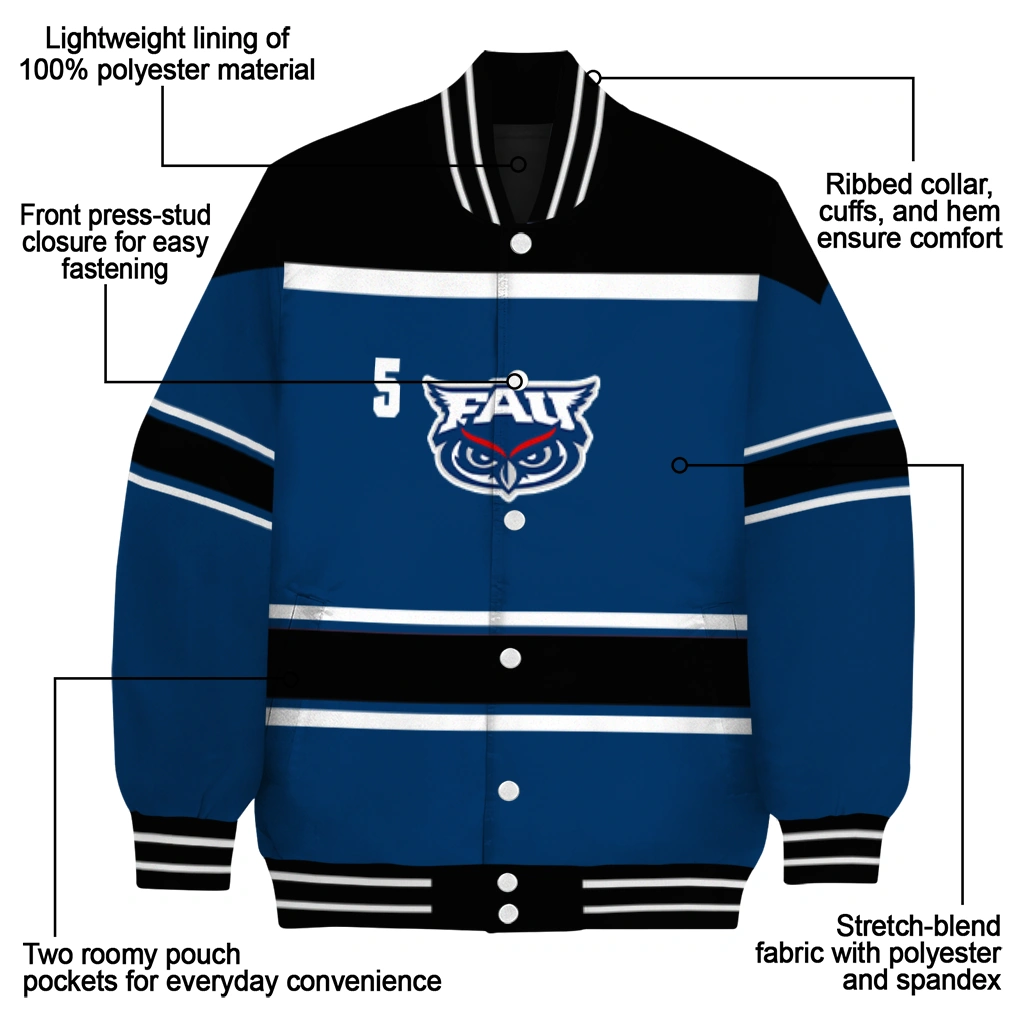 customized florida atlantic owls stripe statement blue black varsity jacket new arrival customized florida atlantic owls stripe statement blue black varsity jacket new arrival