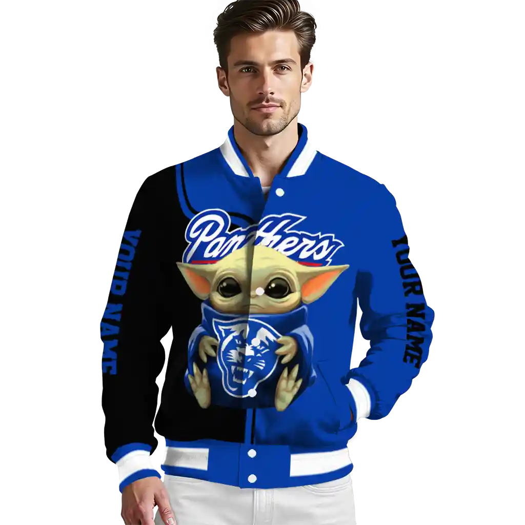 customized georgia state panthers adorable yoda blue black varsity jacket high quality customized georgia state panthers adorable yoda blue black varsity jacket high quality