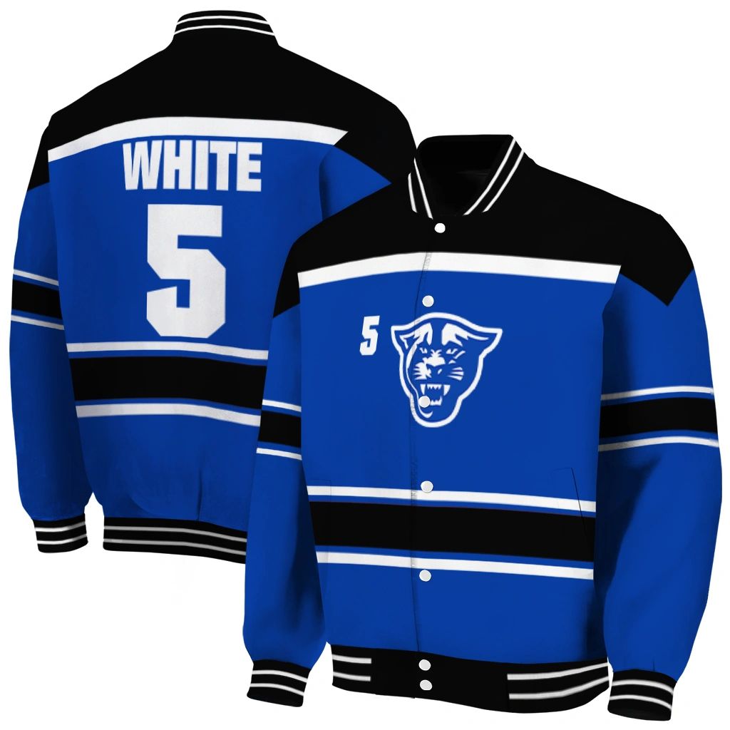 customized georgia state panthers stripe statement blue black varsity jacket fashion forward customized georgia state panthers stripe statement blue black varsity jacket fashion forward