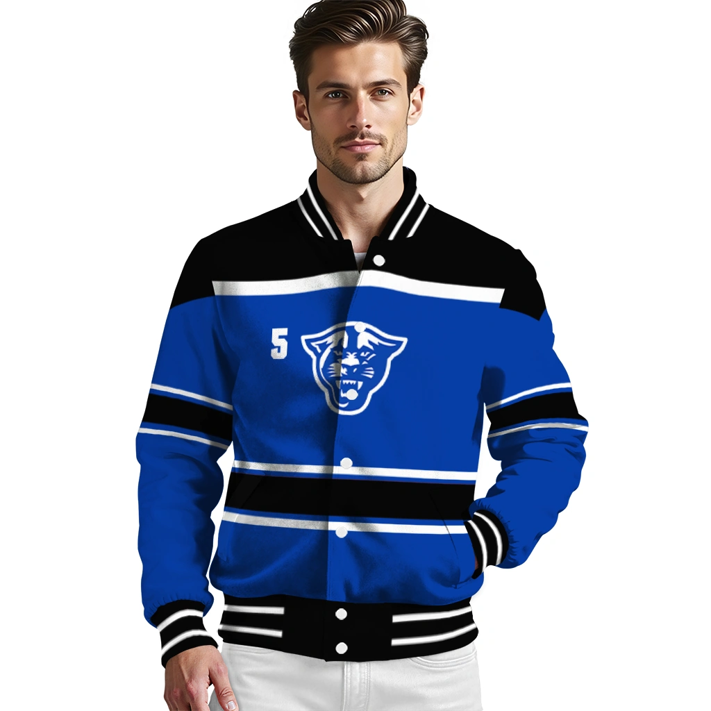 customized georgia state panthers stripe statement blue black varsity jacket high quality customized georgia state panthers stripe statement blue black varsity jacket high quality