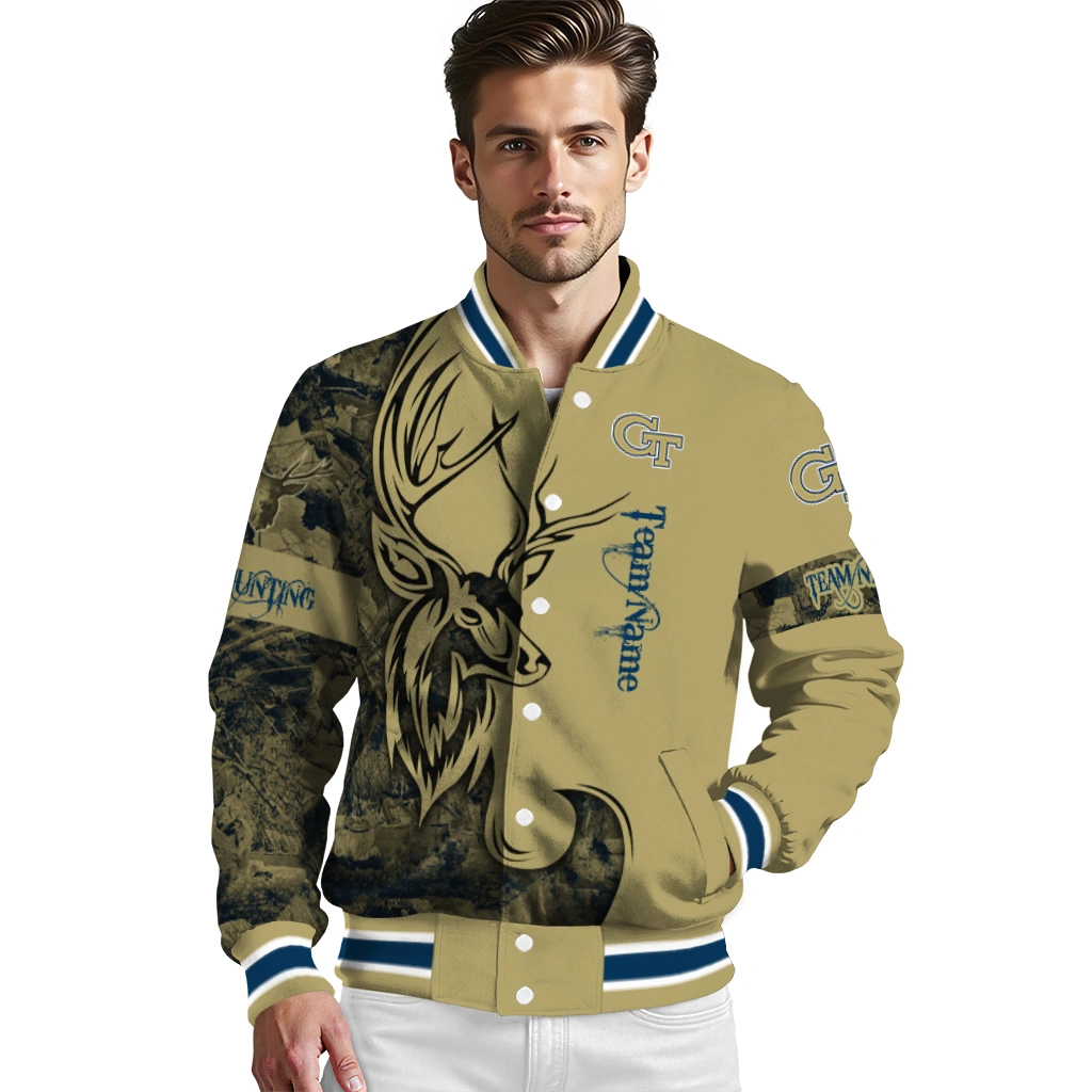 customized georgia tech yellow jackets tribal deer art gold varsity jacket high quality customized georgia tech yellow jackets tribal deer art gold varsity jacket high quality