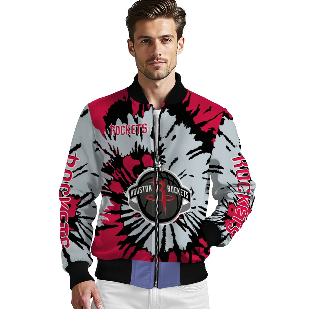 customized houston rockets burst splatter red bomber jacket high quality customized houston rockets burst splatter red bomber jacket high quality