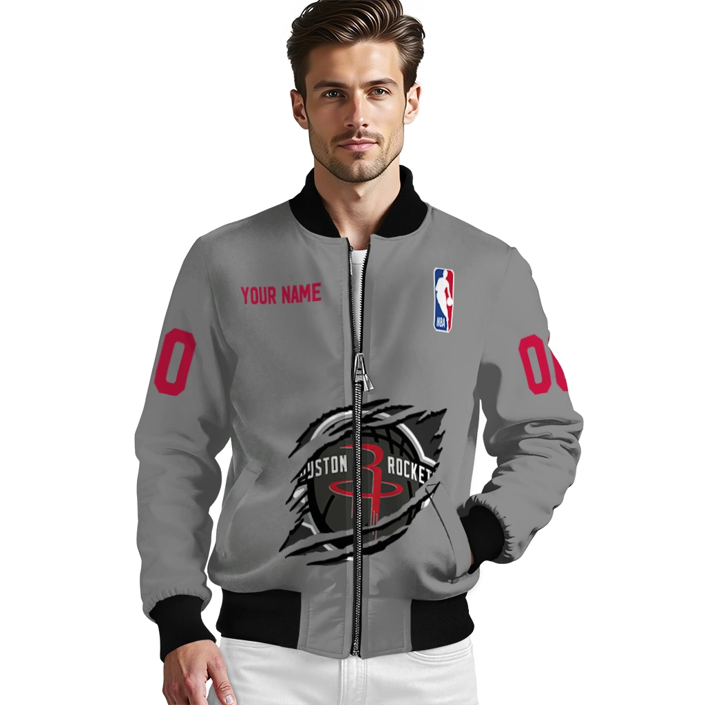 customized houston rockets claw accent grey bomber jacket high quality customized houston rockets claw accent grey bomber jacket high quality