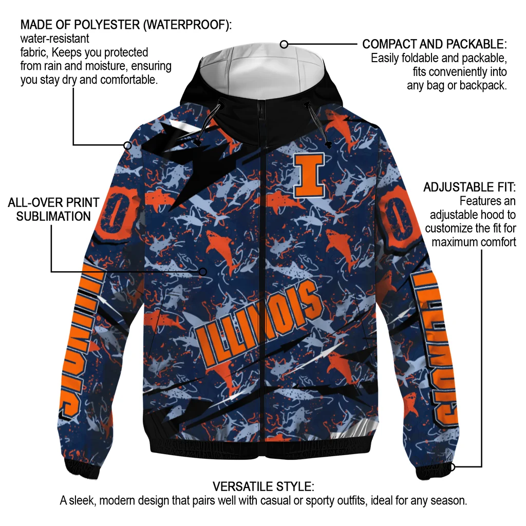 customized illinois fighting illini shark art blue windbreaker jacket new arrival customized illinois fighting illini shark art blue windbreaker jacket new arrival