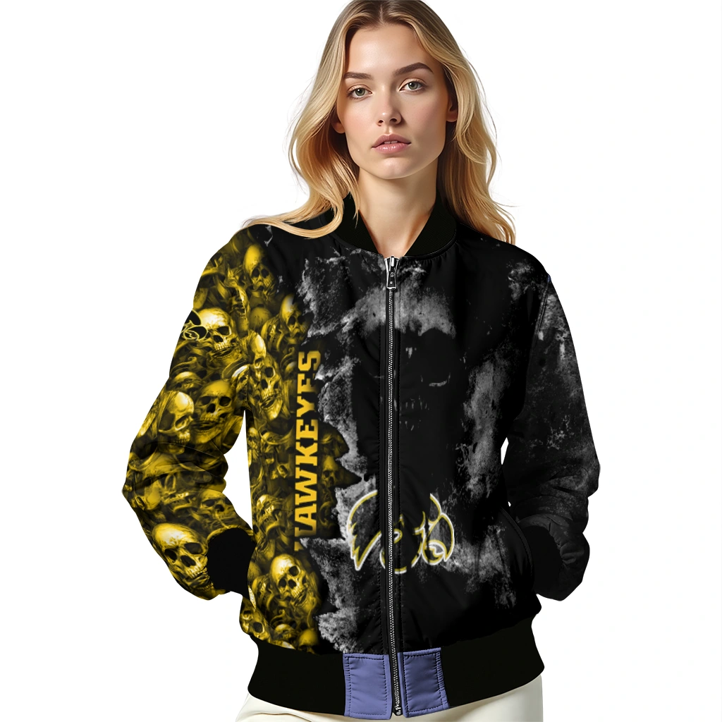 customized iowa hawkeyes skull cluster black bomber jacket latest model customized iowa hawkeyes skull cluster black bomber jacket latest model