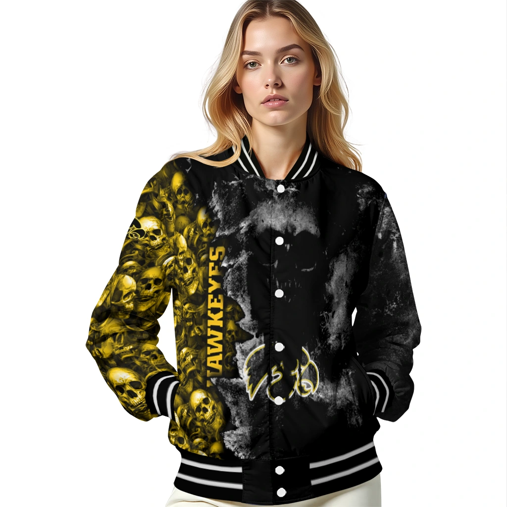 customized iowa hawkeyes skull cluster black varsity jacket latest model customized iowa hawkeyes skull cluster black varsity jacket latest model