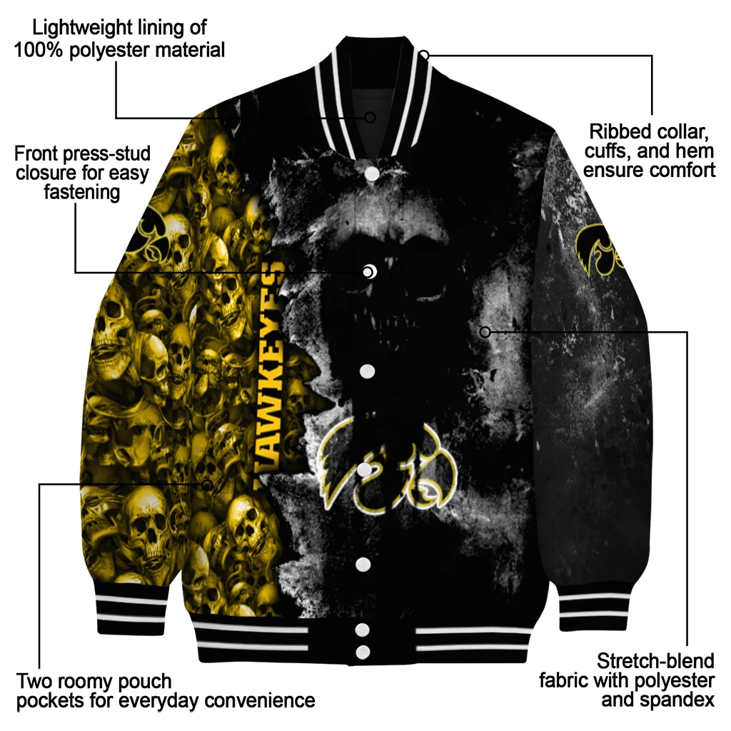 customized iowa hawkeyes skull cluster black varsity jacket new arrival customized iowa hawkeyes skull cluster black varsity jacket new arrival