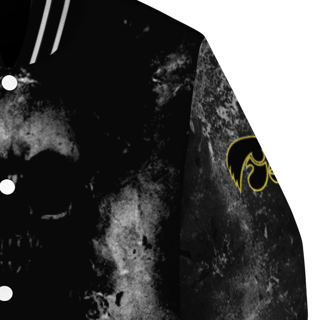 customized iowa hawkeyes skull cluster black varsity jacket premium grade customized iowa hawkeyes skull cluster black varsity jacket premium grade