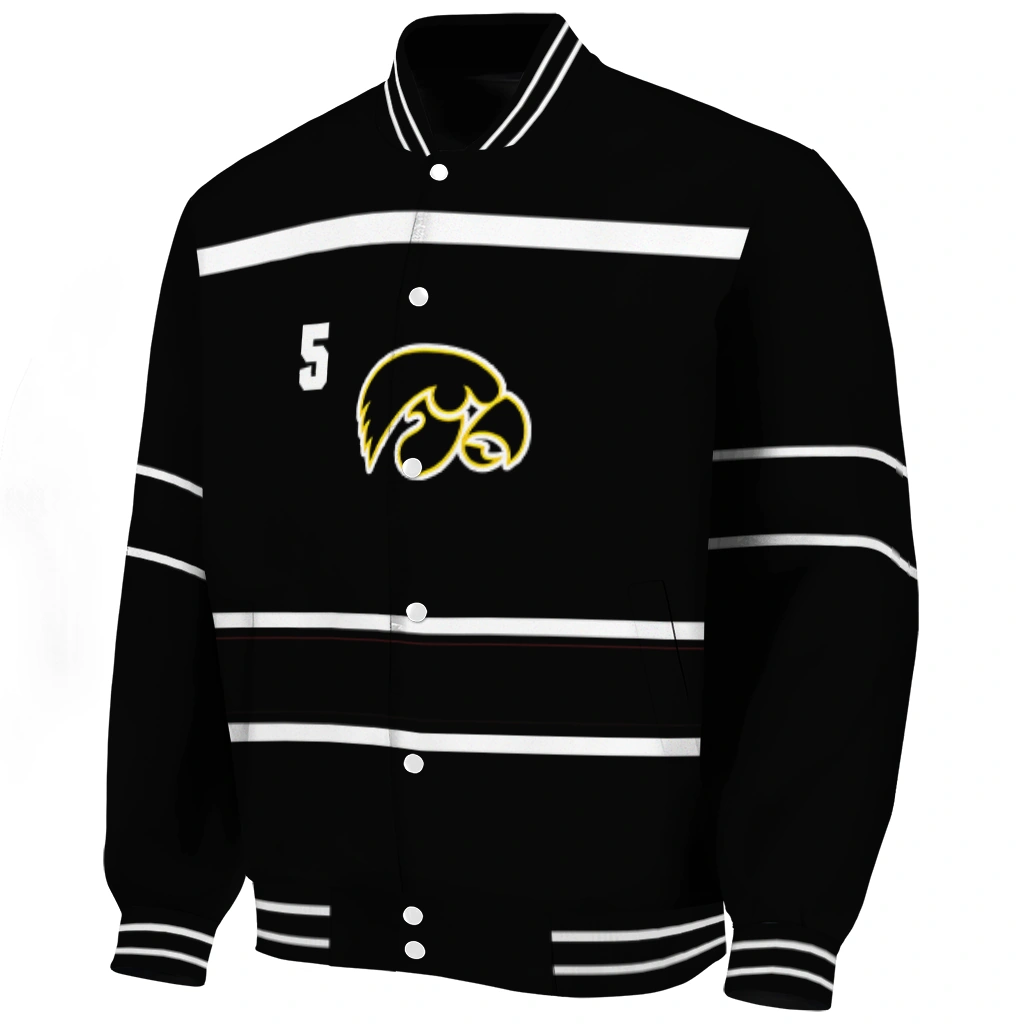 customized iowa hawkeyes stripe statement black varsity jacket best selling customized iowa hawkeyes stripe statement black varsity jacket best selling