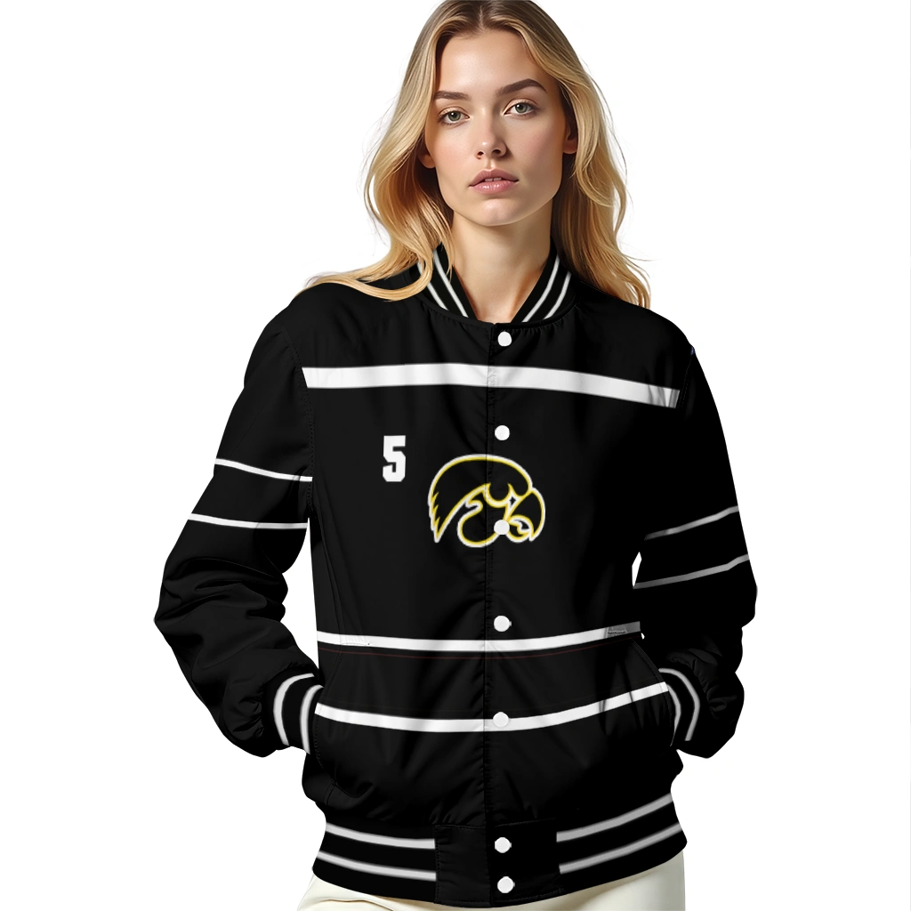 customized iowa hawkeyes stripe statement black varsity jacket latest model customized iowa hawkeyes stripe statement black varsity jacket latest model