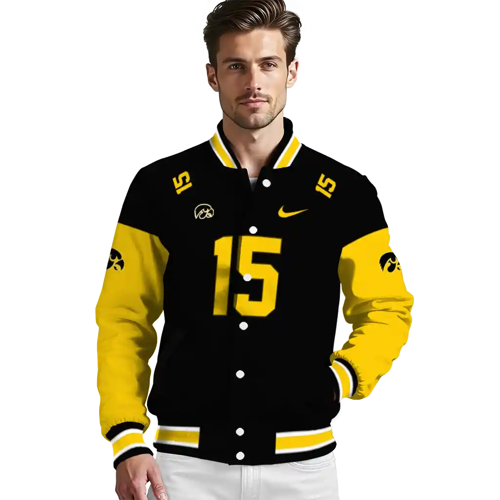 customized iowa hawkeyes team patch black varsity jacket high quality customized iowa hawkeyes team patch black varsity jacket high quality