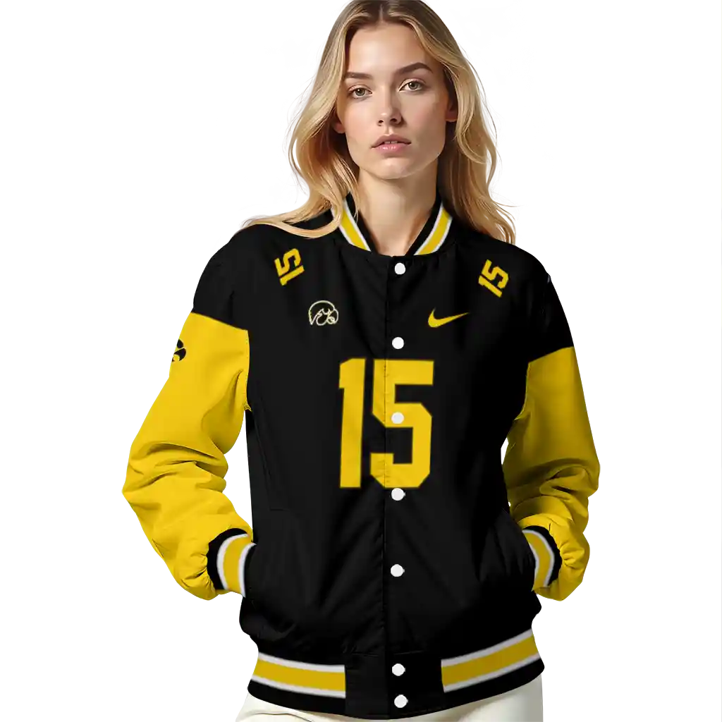 customized iowa hawkeyes team patch black varsity jacket latest model customized iowa hawkeyes team patch black varsity jacket latest model