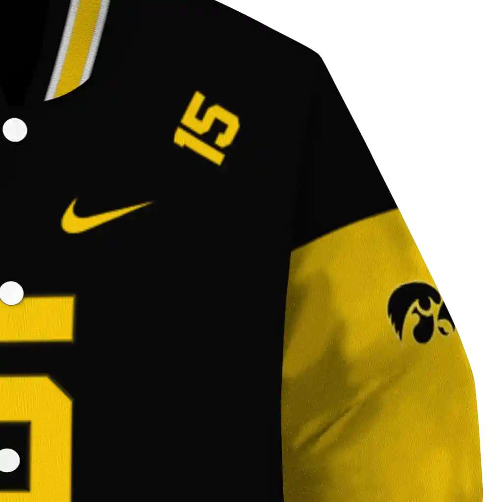 customized iowa hawkeyes team patch black varsity jacket premium grade customized iowa hawkeyes team patch black varsity jacket premium grade