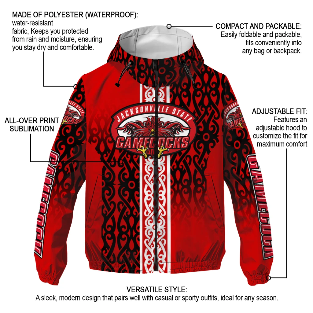 customized jacksonville state gamecocks tribal swirls red windbreaker jacket new arrival customized jacksonville state gamecocks tribal swirls red windbreaker jacket new arrival