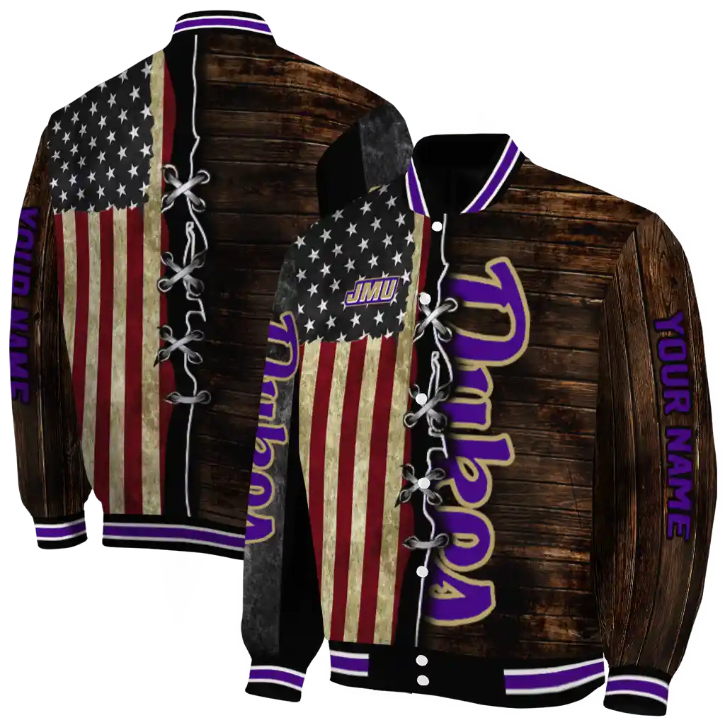 customized james madison dukes flag wood brown varsity jacket fashion forward customized james madison dukes flag wood brown varsity jacket fashion forward