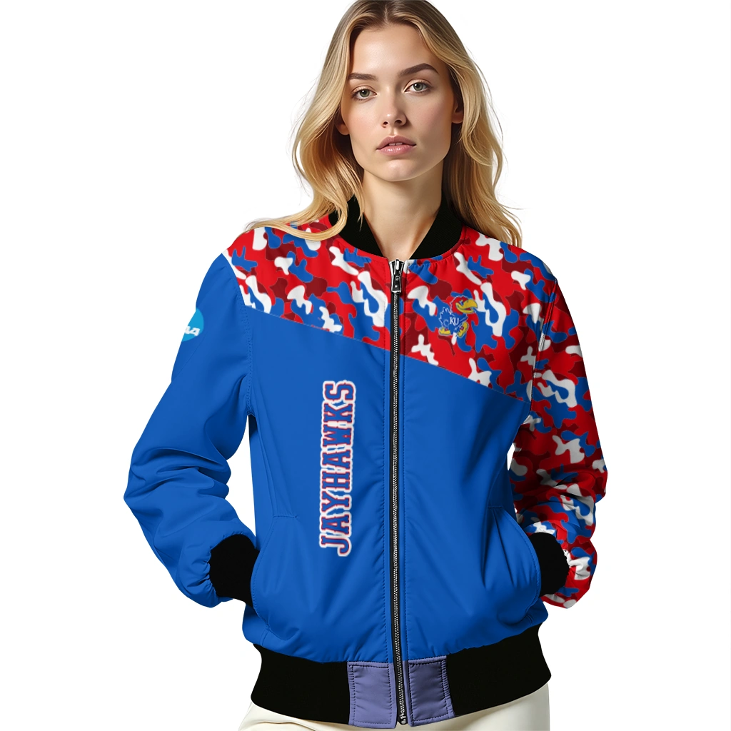 customized kansas jayhawks camouflage splash blue bomber jacket latest model customized kansas jayhawks camouflage splash blue bomber jacket latest model