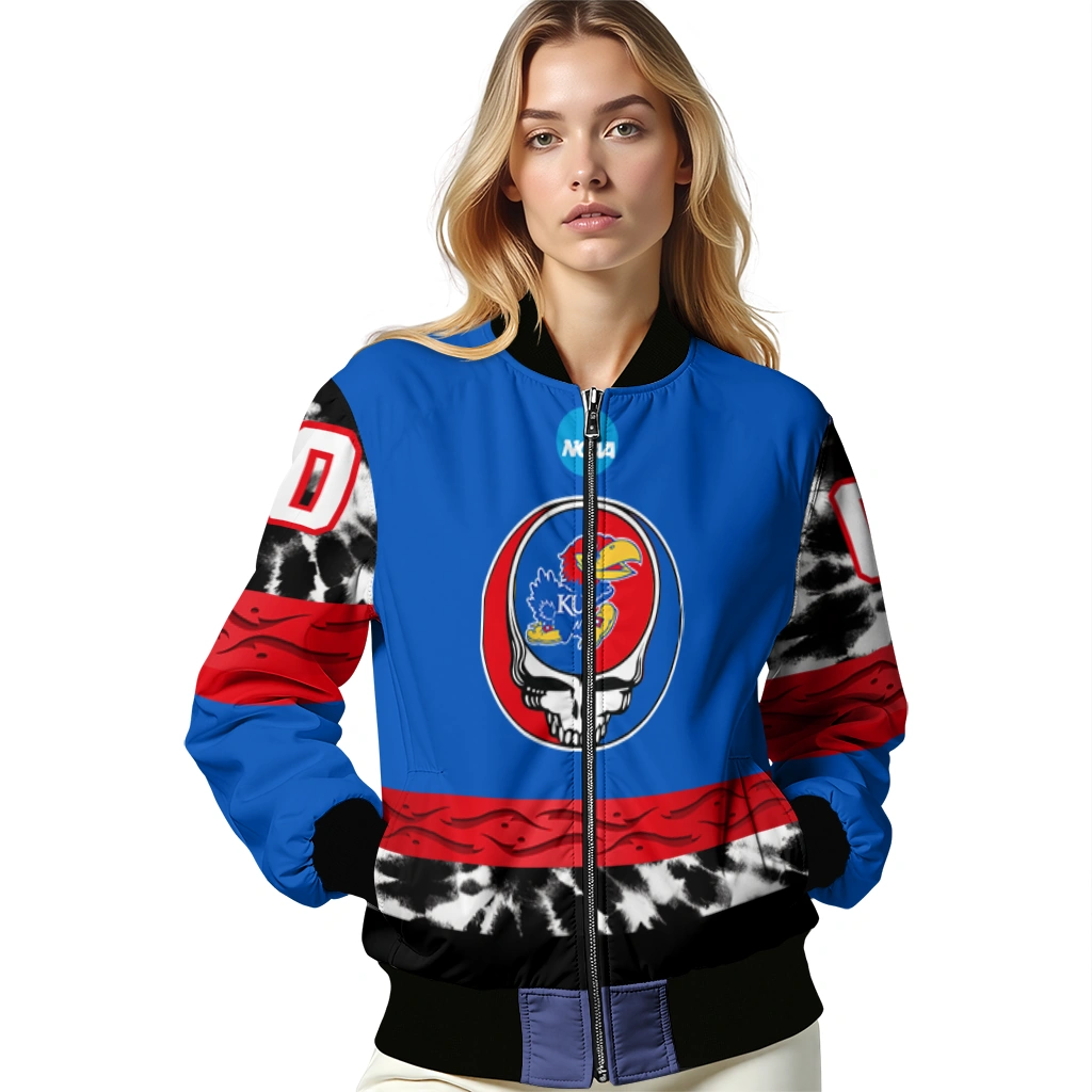customized kansas jayhawks circle skull blue black bomber jacket latest model customized kansas jayhawks circle skull blue black bomber jacket latest model